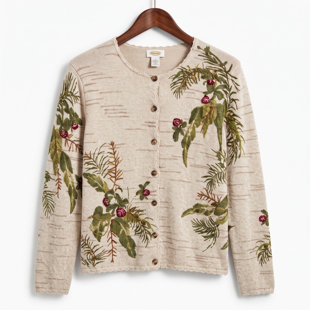 Talbots Beige Embroidered Floral Beaded Cardigan Sweater Cottagecore Large Vtg.